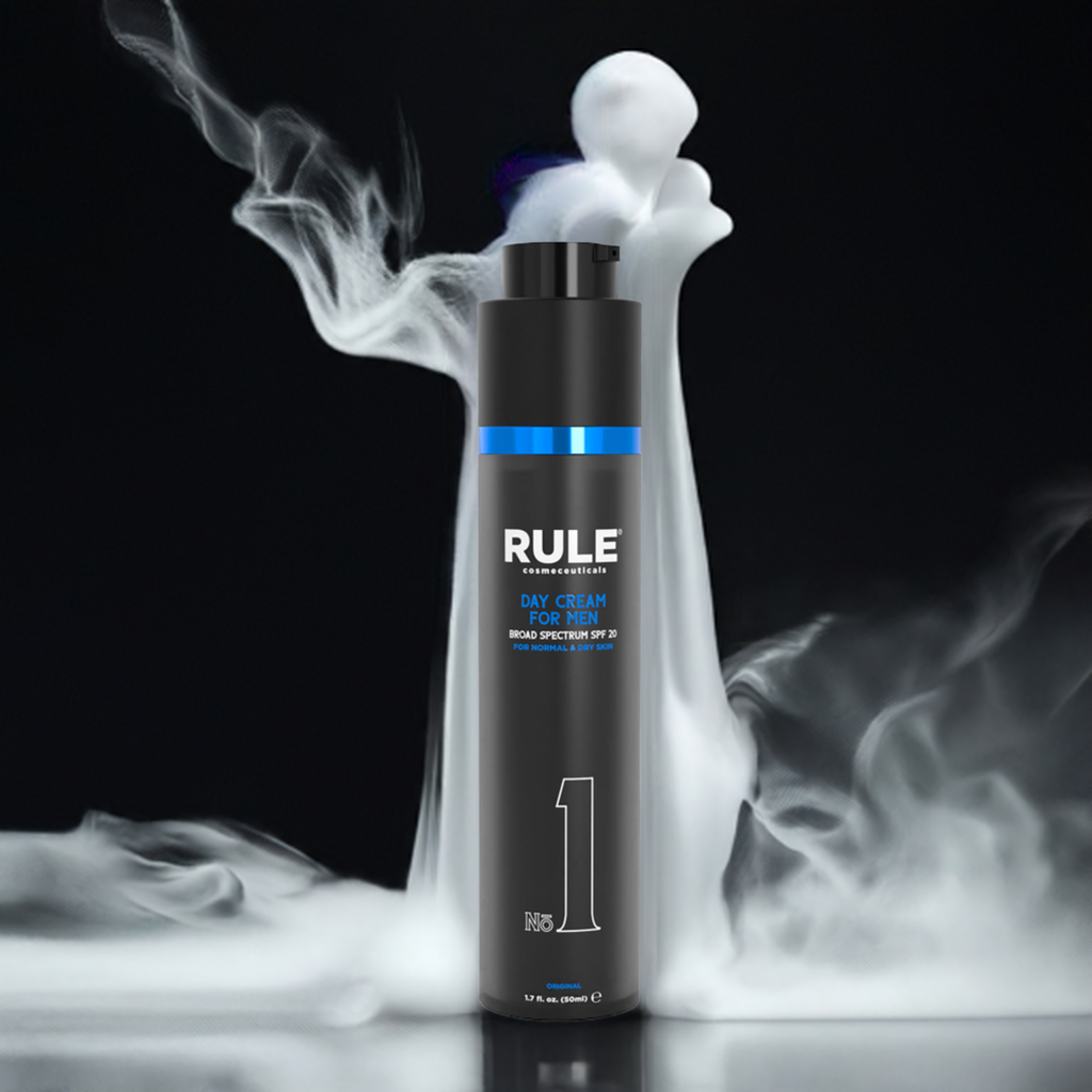 Rule No. 1 All-in-One Day Cream for Men bottle, highlighted with SPF 20 protection, surrounded by dramatic steam effects against a dark background, emphasizing its bold and refined aesthetic.