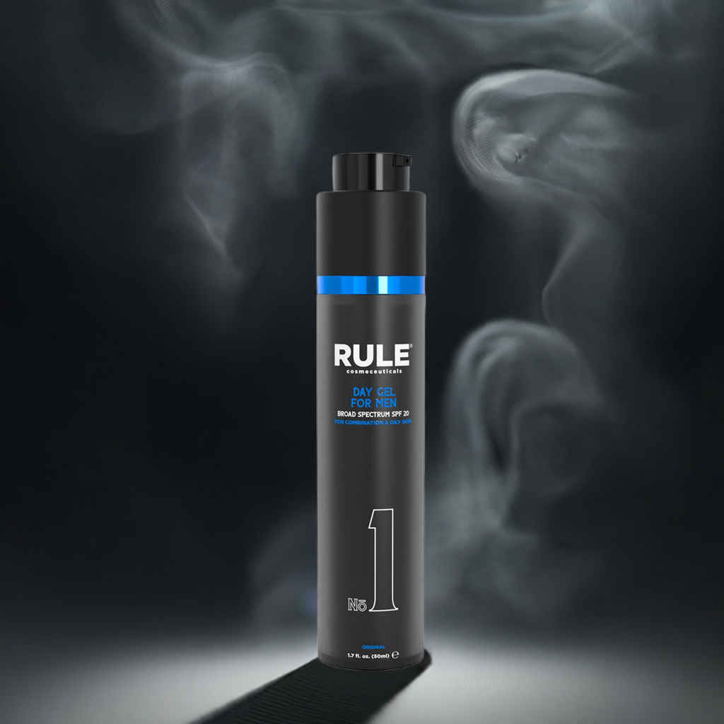 Rule No. 1 Day Gel for Men bottle, designed for combination and oily skin, featuring SPF 20 protection, surrounded by elegant swirling smoke effects against a dark background, emphasizing its modern and luxurious appeal.