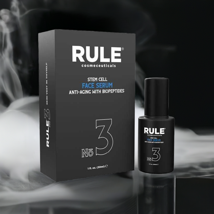 Rule No. 3 Stem Cell Face Serum packaging and bottle, featuring anti-aging biopeptides, displayed against a sleek smoky background, highlighting its premium and innovative skincare formula.