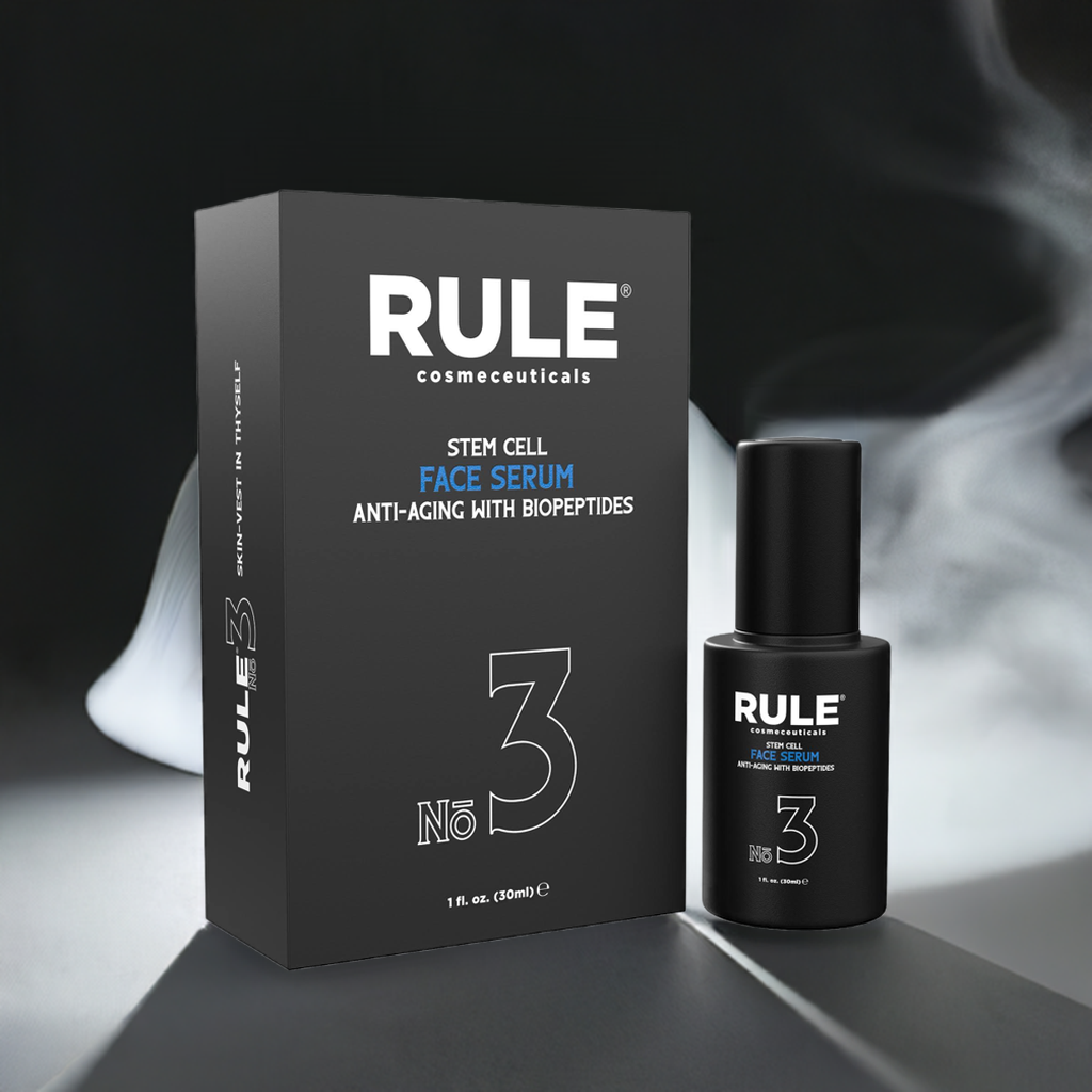Rule No. 3 Stem Cell Face Serum packaging and bottle, featuring anti-aging biopeptides, displayed on a sleek surface with a dynamic smoky background, highlighting its luxurious and high-performance skincare benefits.